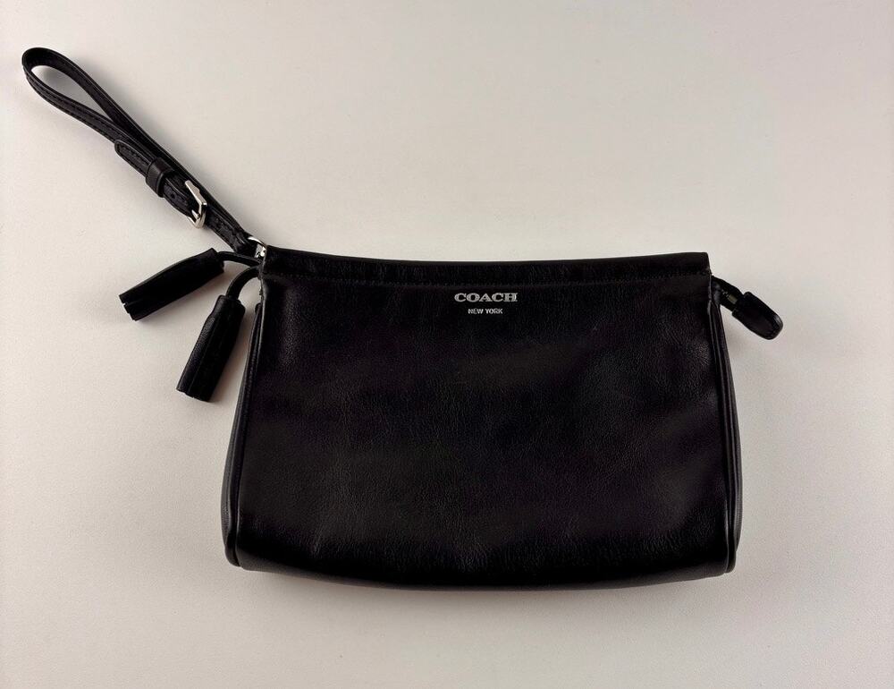 Coach Black Leather Wristlet Clutch Small Purse Tassel Zip 8" x 5.5"